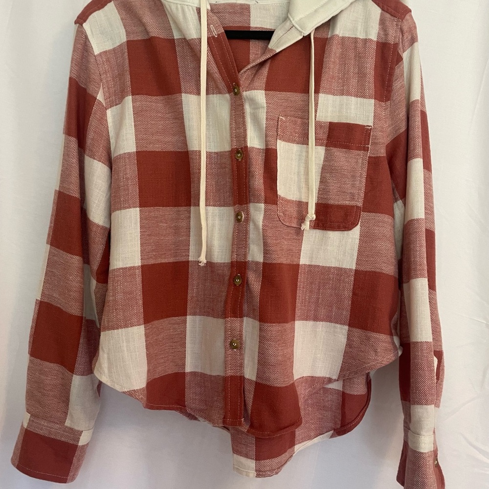 Plaid Hooded Button-Up Shirt